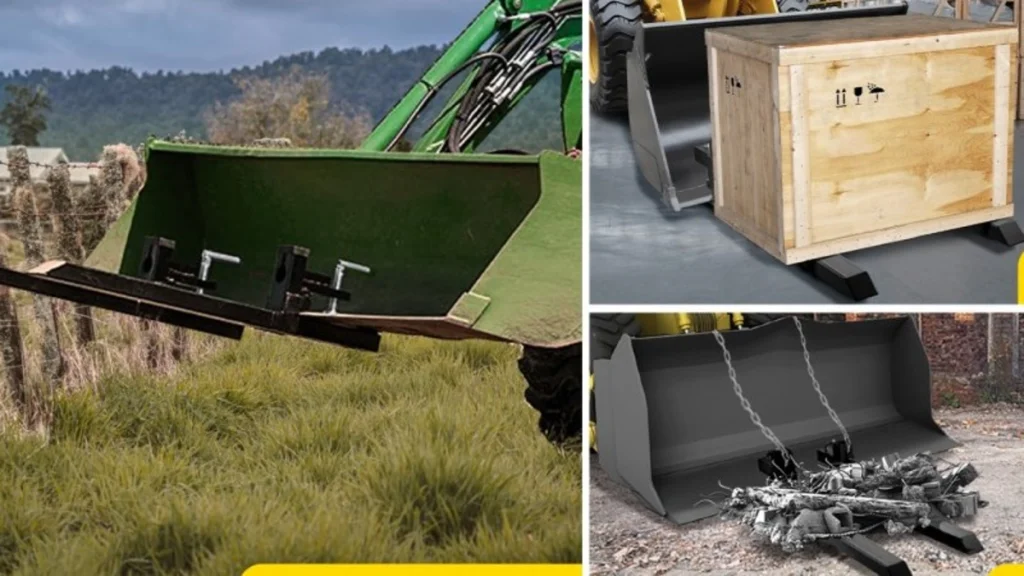 Forks installed on tractor buckets are lifting various objects.