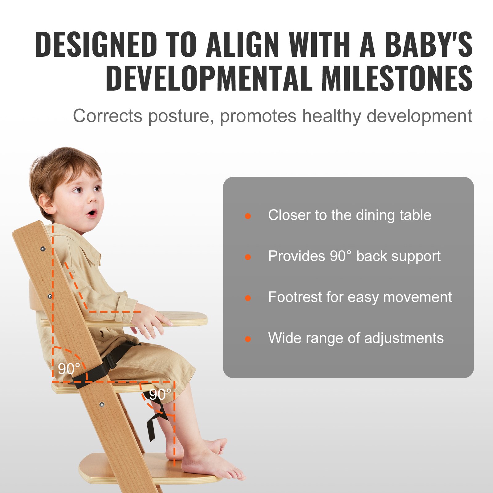 VEVOR Wooden High Chair for Babies & Toddlers, Natural Manual - Image 3