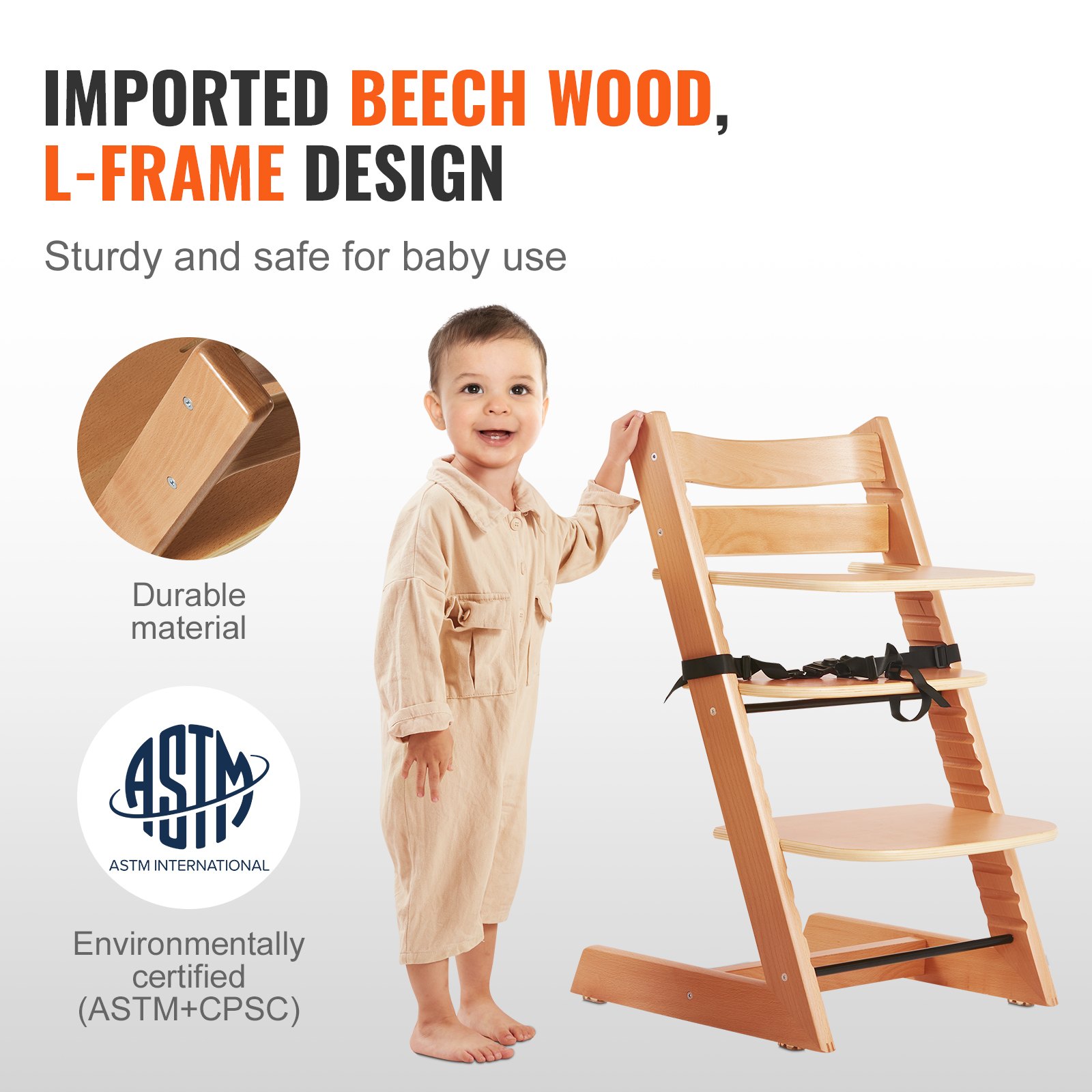 VEVOR Wooden High Chair for Babies & Toddlers, Natural Manual - Image 4