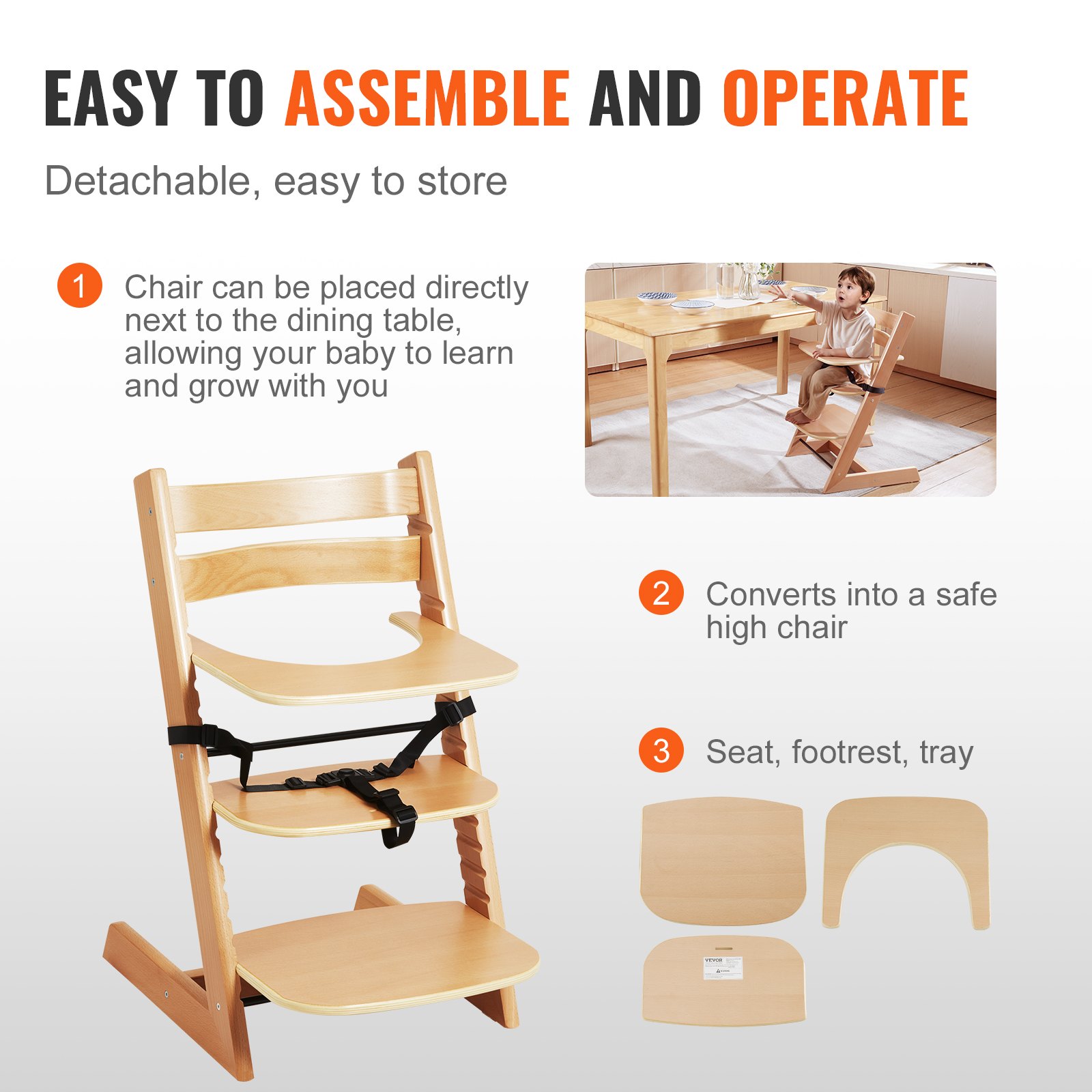 VEVOR Wooden High Chair for Babies & Toddlers, Natural Manual - Image 6