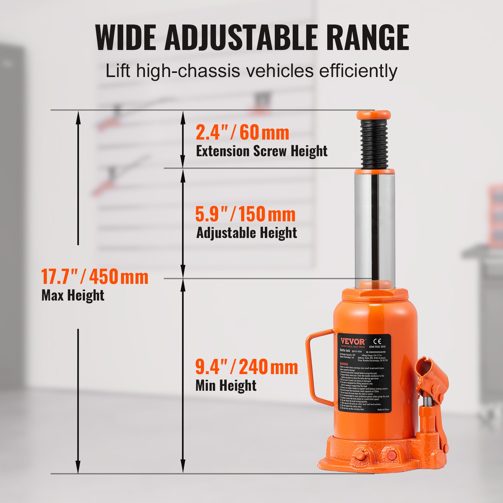 VEVOR Hydraulic Bottle Jack, 20 Ton/44092 LBS Manual - Image 3