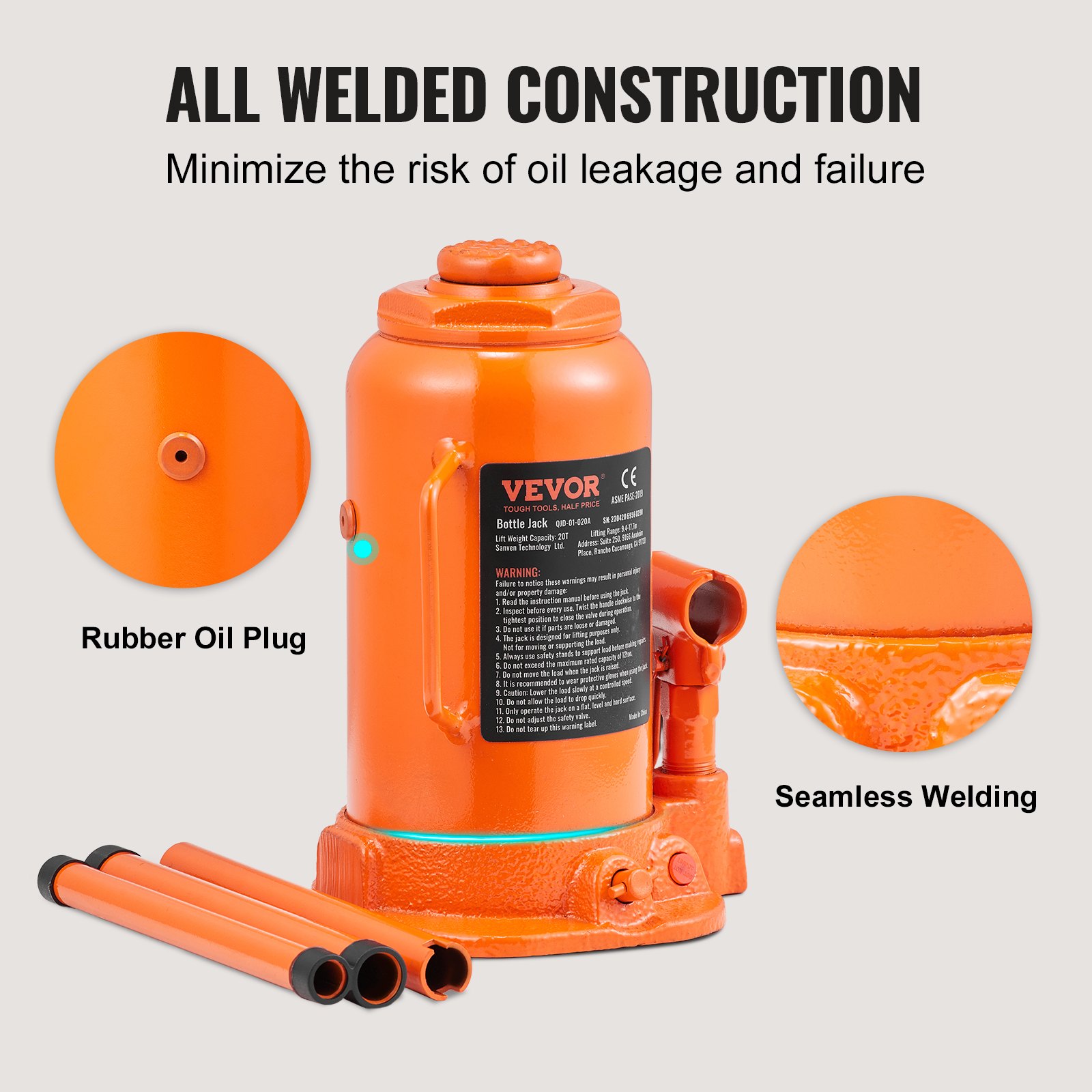 VEVOR Hydraulic Bottle Jack, 20 Ton/44092 LBS Manual - Image 4