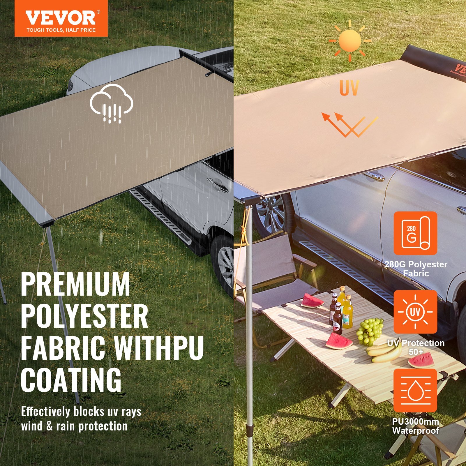 VEVOR Car Side Awning, Large 6.6' x 8.2' Shade Manual - Image 2