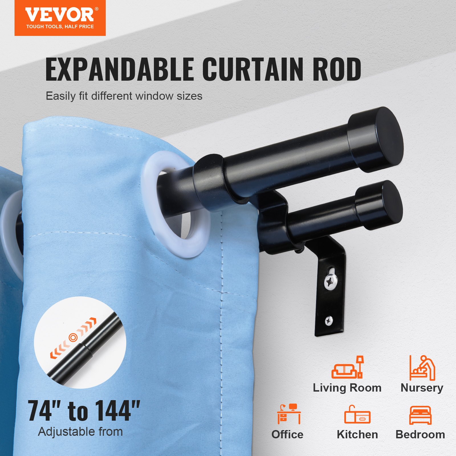 VEVOR 1 Inch Double Curtain Rods 74 to 144 Inches(6-12ft) Manual - Image 2