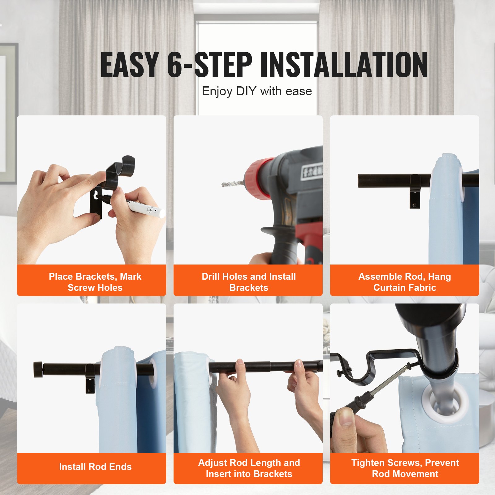 VEVOR 1 Inch Double Curtain Rods 74 to 144 Inches(6-12ft) Manual - Image 4