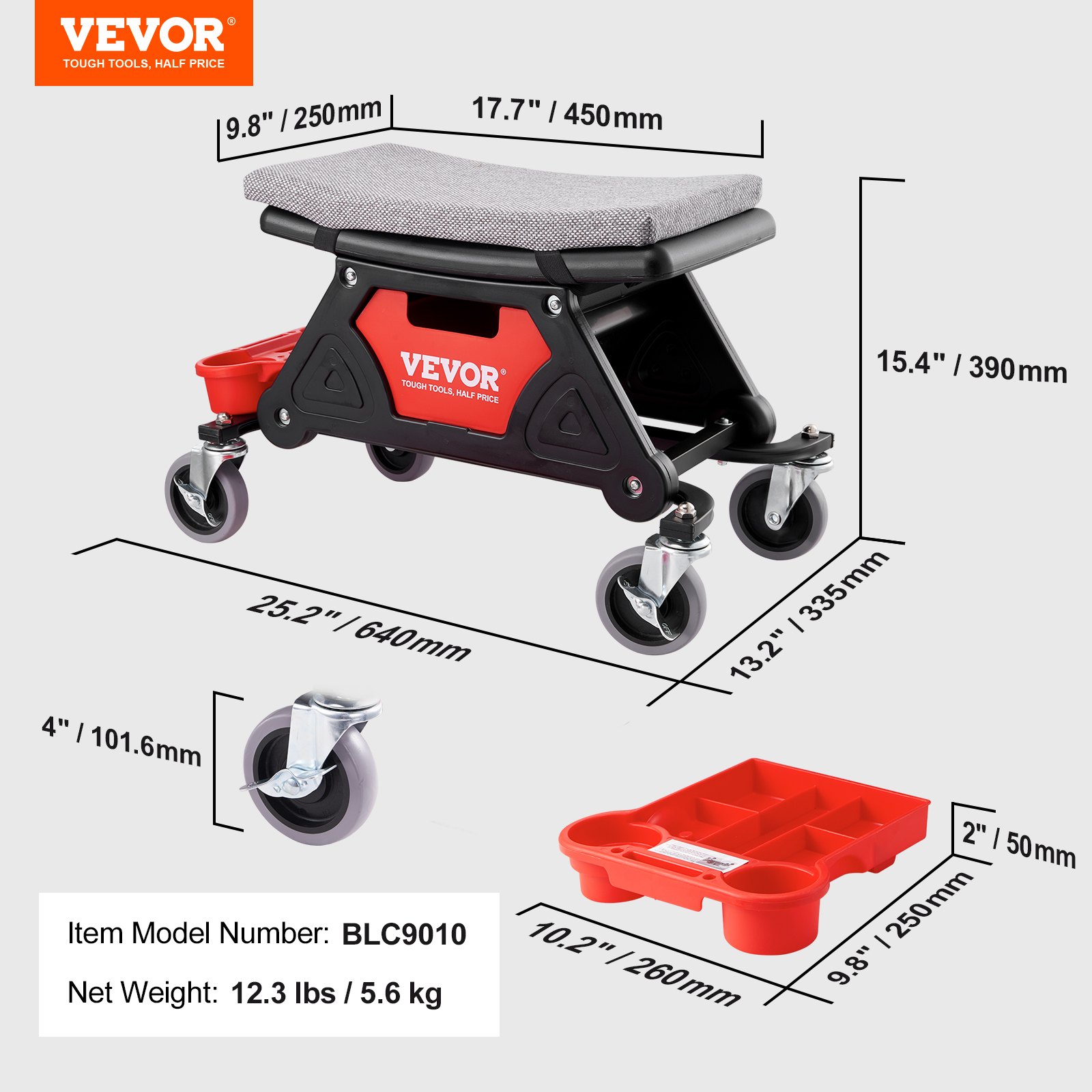 Mechanics Stool Manual, VEVOR 300 LBS Stool, 4" Wheels