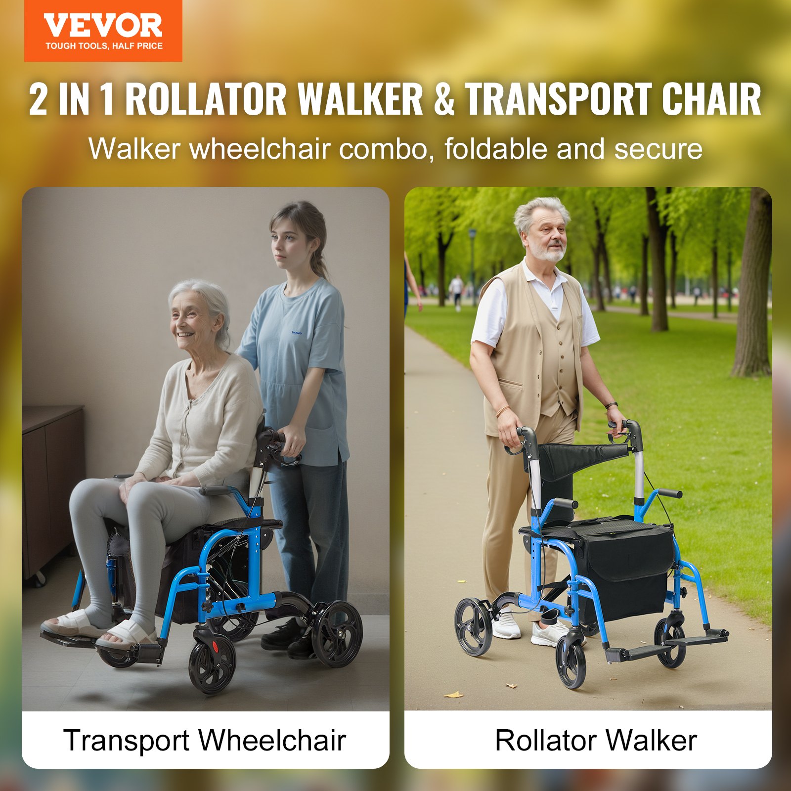 VEVOR 2 in 1 Rollator Walker & Transport Chair for Seniors Manual - Image 2