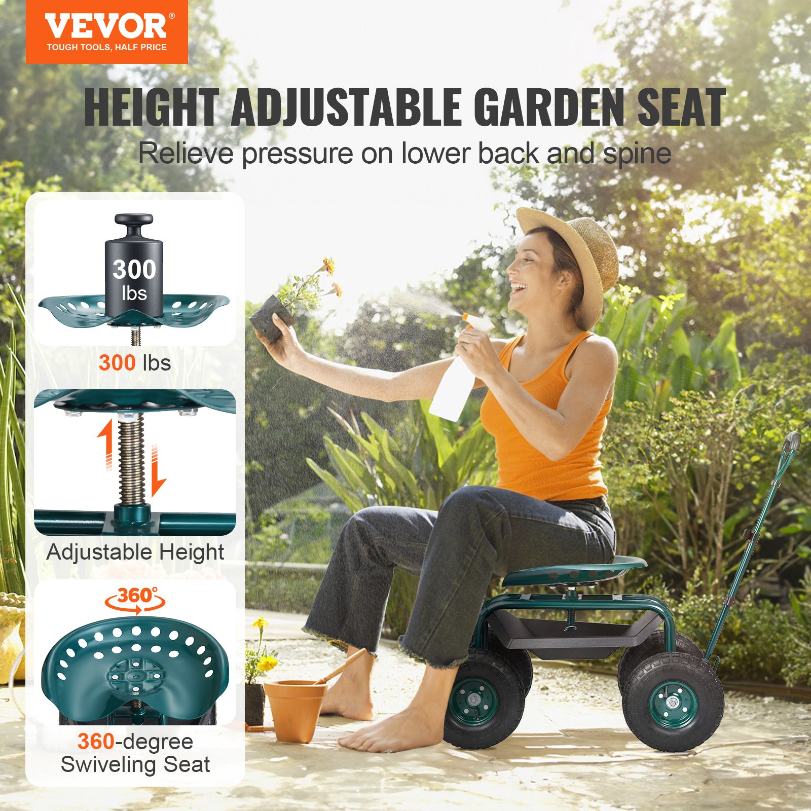 VEVOR Garden Cart Rolling Workseat with Wheels Manual, image size:1600x1600
