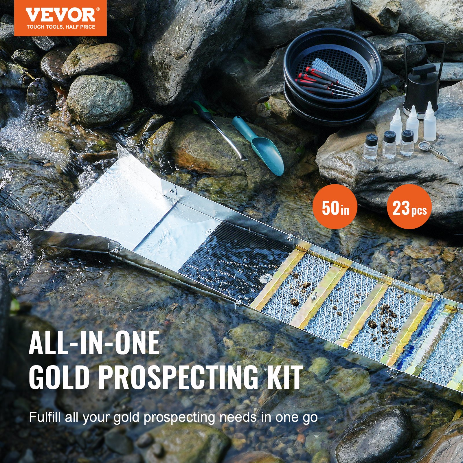 VEVOR 50 Inch Folding Sluice Box Gold Panning Kit, 23pc Manual - Image 2
