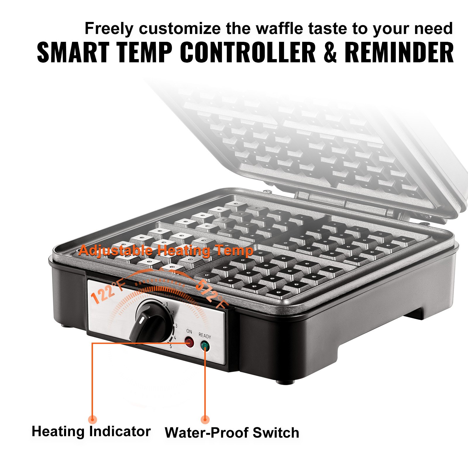 VEVOR Waffle Maker, 4 Slices per Batch, 1200W Square Waffle Iron Manual - Image 3