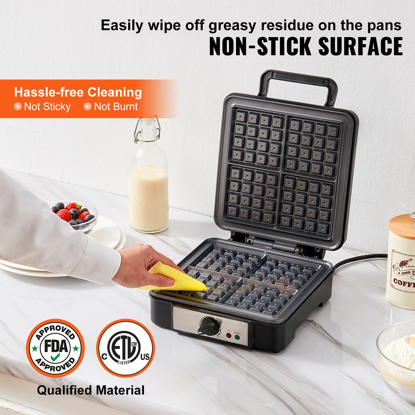 VEVOR Waffle Maker, 4 Slices per Batch, 1200W Square Waffle Iron Manual - Image 4