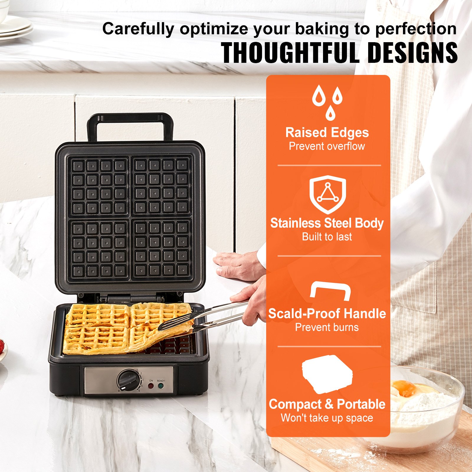 VEVOR Waffle Maker, 4 Slices per Batch, 1200W Square Waffle Iron Manual - Image 5