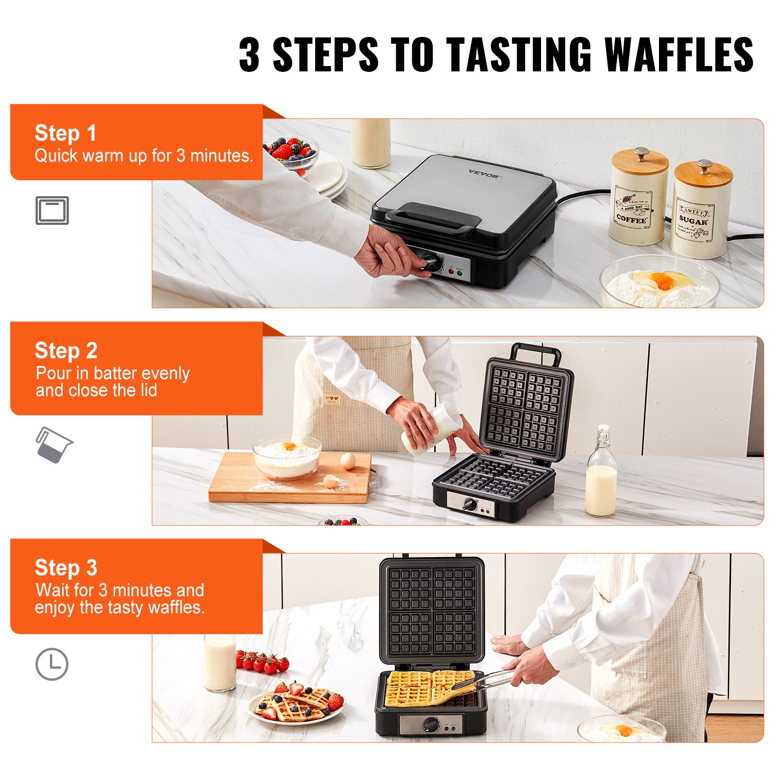 VEVOR Waffle Maker, 4 Slices per Batch, 1200W Square Waffle Iron Manual - Image 6