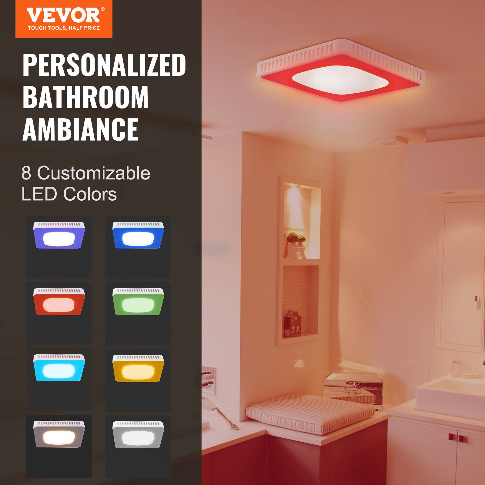 VEVOR Bathroom Exhaust Fan, 8 LED Colors, 110 CFM Efficiency Ventilation, 1.5sones Manual - Image 2