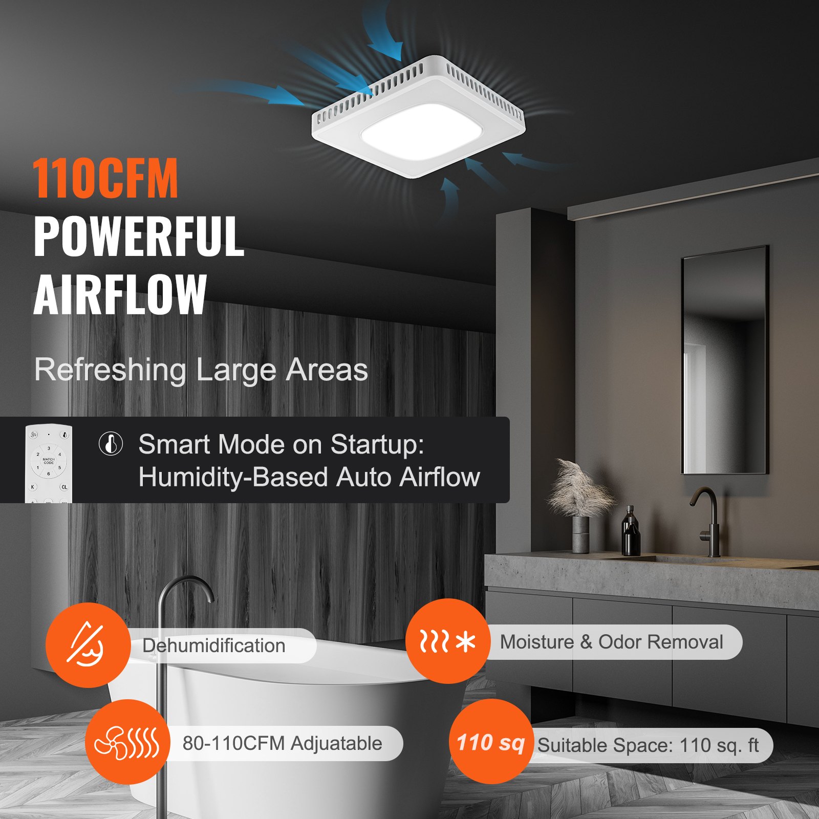 VEVOR Bathroom Exhaust Fan, 8 LED Colors, 110 CFM Efficiency Ventilation, 1.5sones Manual - Image 5