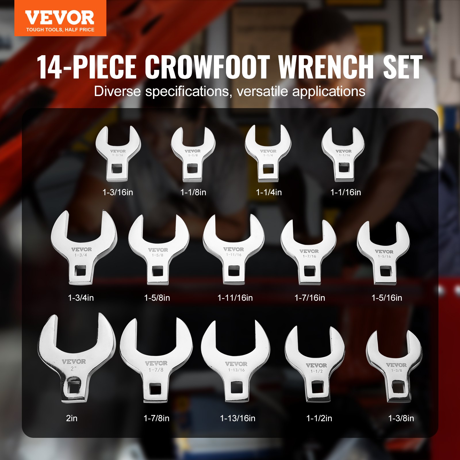 VEVOR Crowfoot Wrench Set, 1/2" Drive 14-Piece Manual - Image 2