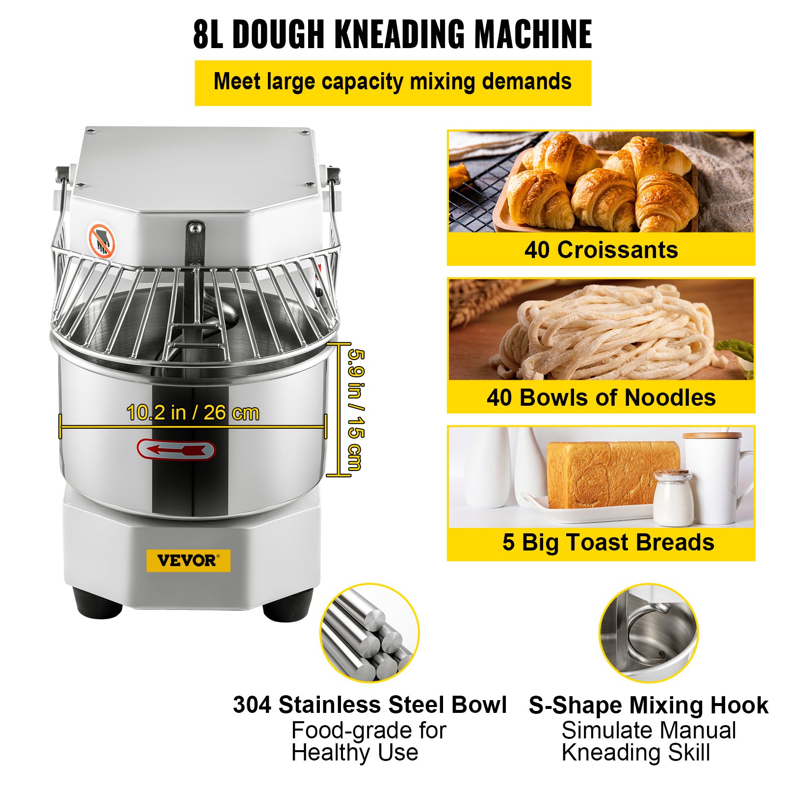 VEVOR Commercial Food Mixer, 8.5Qt Capacity, 450W Manual - Image 3