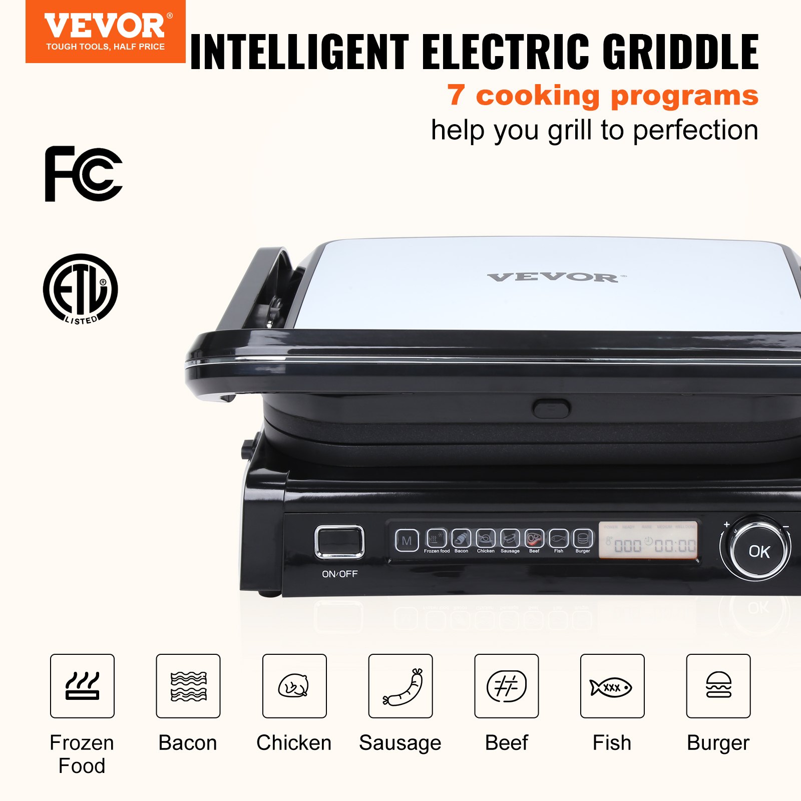 VEVOR 7 IN 1 Commercial Electric Griddle, 14.4" 1800W Manual - Image 2