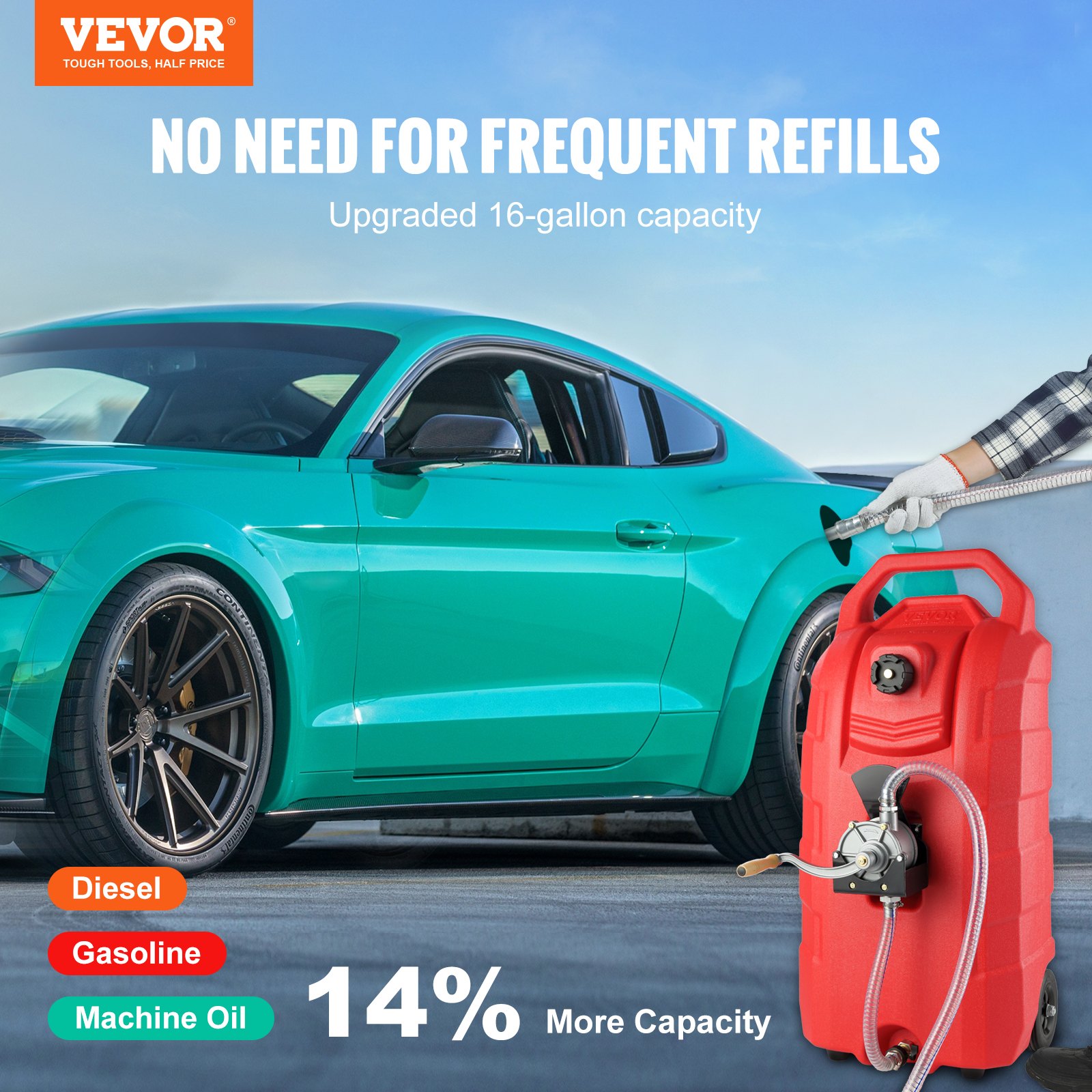 VEVOR 16 Gallon Fuel Caddy, 7.8 L/min Manual Portable Gas Storage Tank Container - Image 2