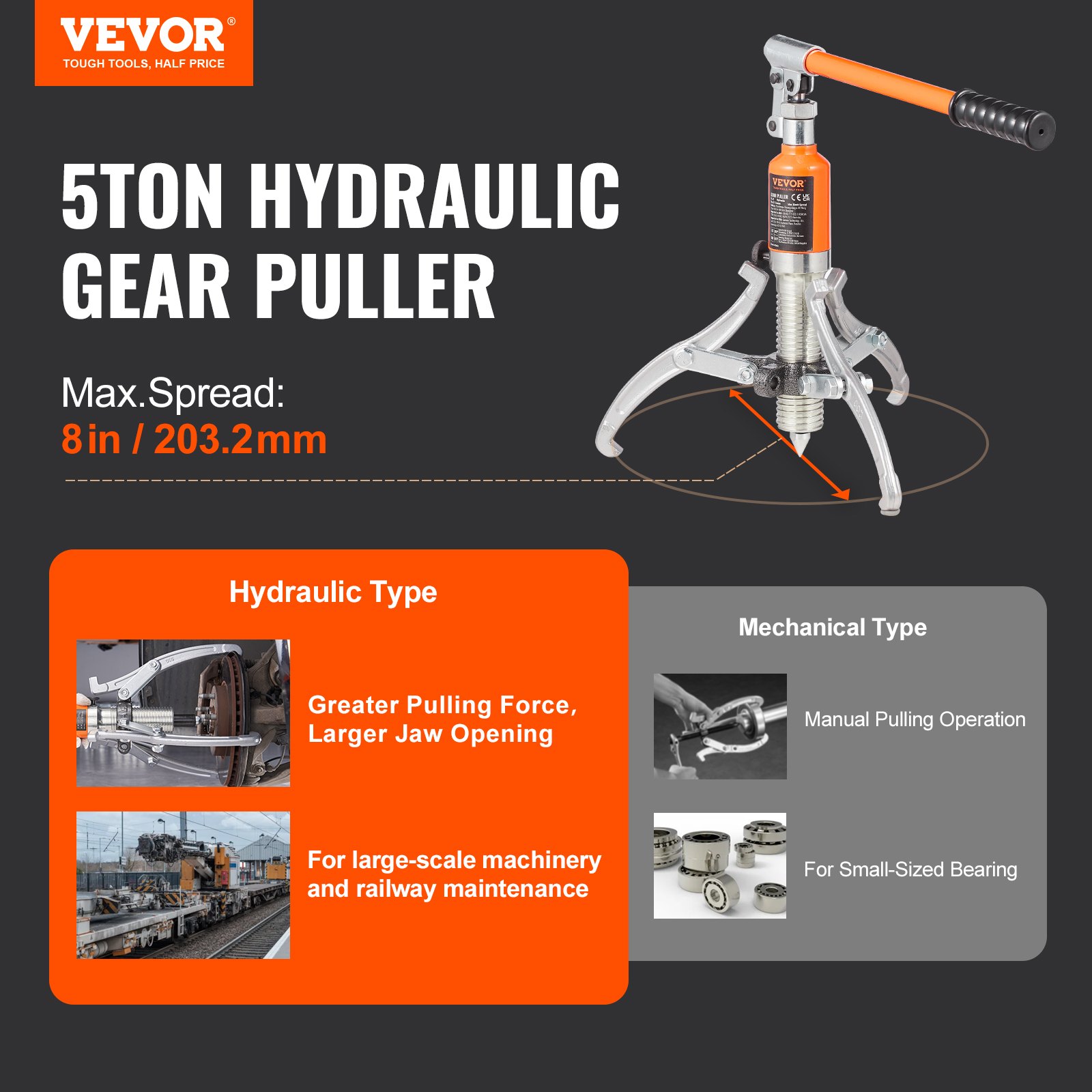 VEVOR Hydraulic Gear Puller, 5 Ton Max Capacity Wheel Bearing Pulling Separator Manual - Image 2