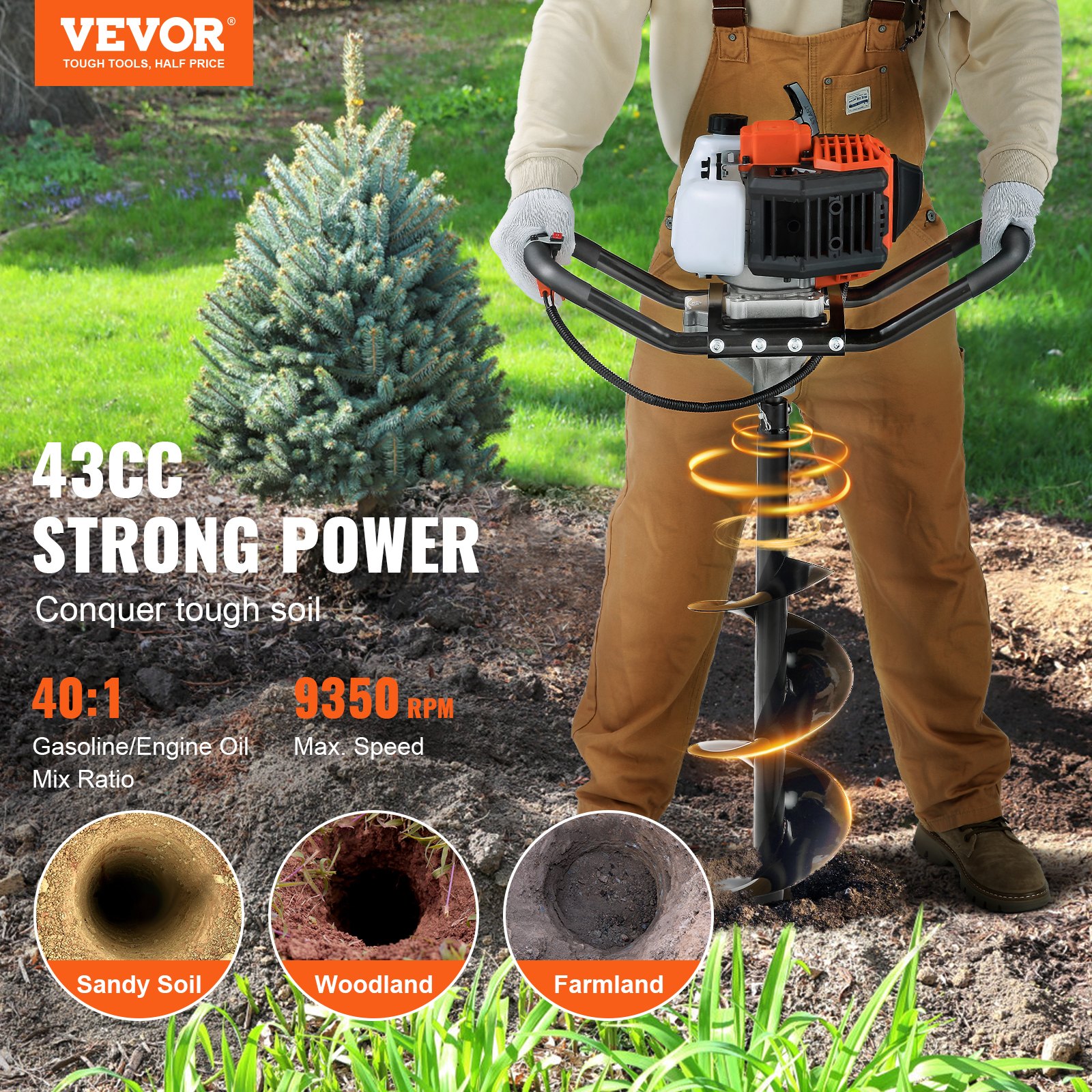 VEVOR Post Hole Digger, 43cc 1250W Auger Post Hole digger Manual - Image 2