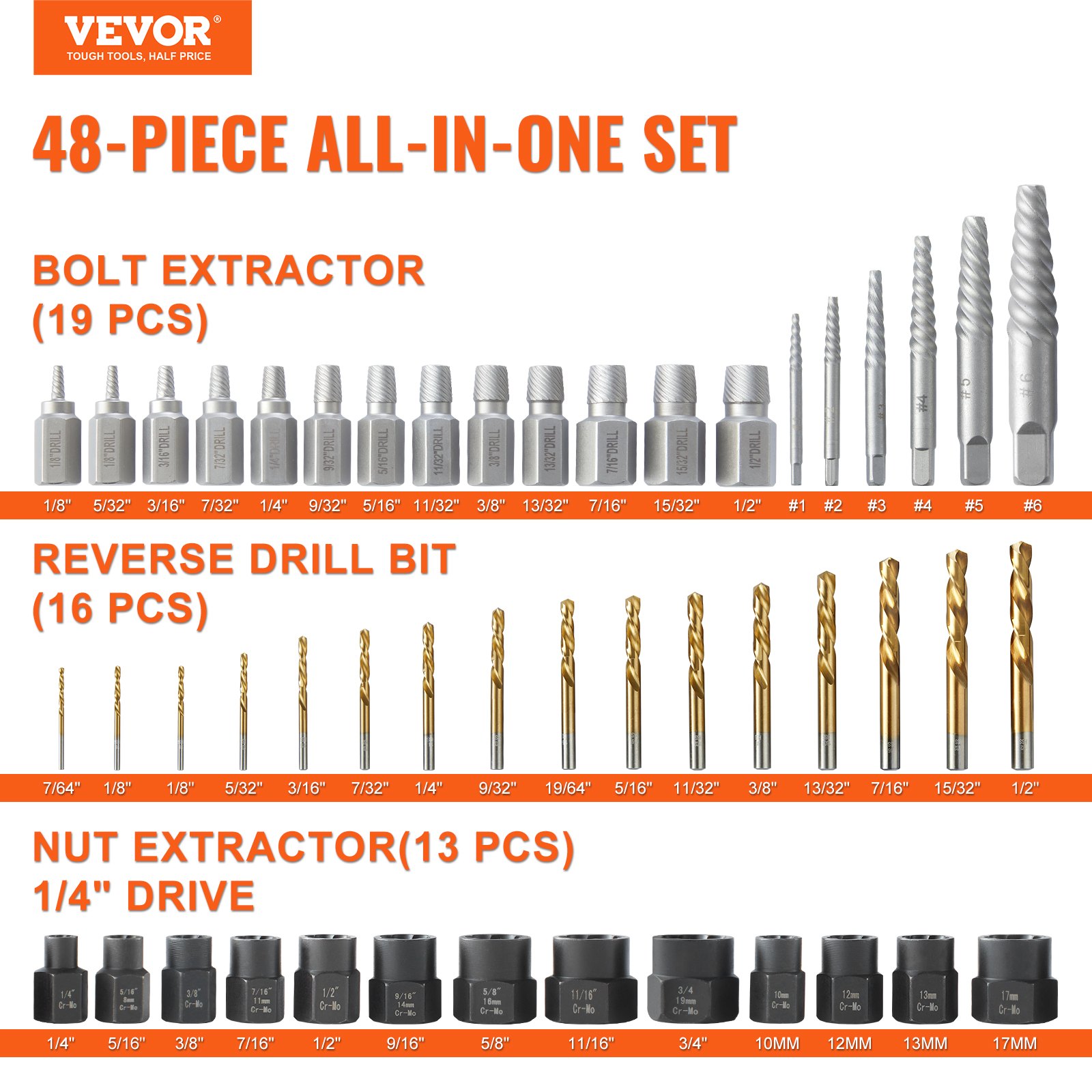VEVOR 48-Piece Bolt Extractor Screw Extractor Set, with 13 PCS Bolt Extractor Set Manual - Image 2