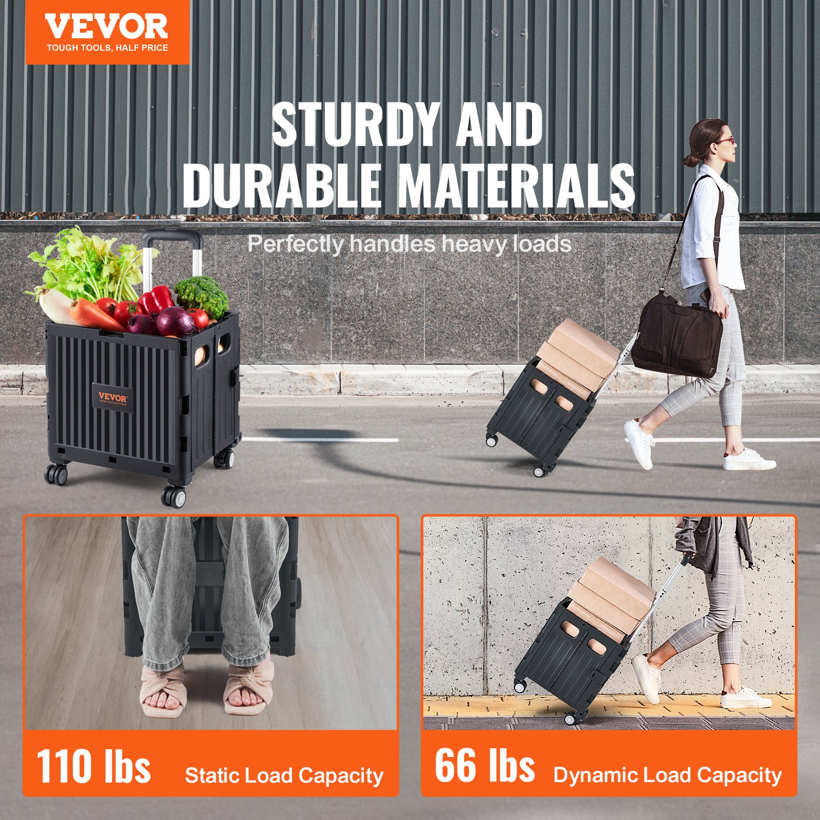 VEVOR Foldable Utility Cart, 110 lbs Load Capacity Black Manual - Image 2