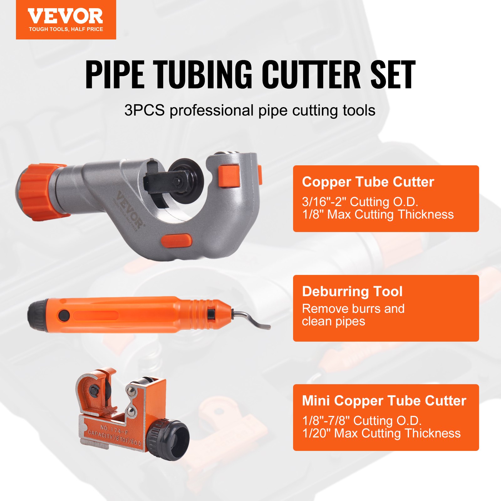 VEVOR 3PCS Tubing Cutter Set - Heavy Duty Pipe Cutter 3/16"-2"OD, Mini Tube Cutter 1/8"-7/8" Manual - Image 2
