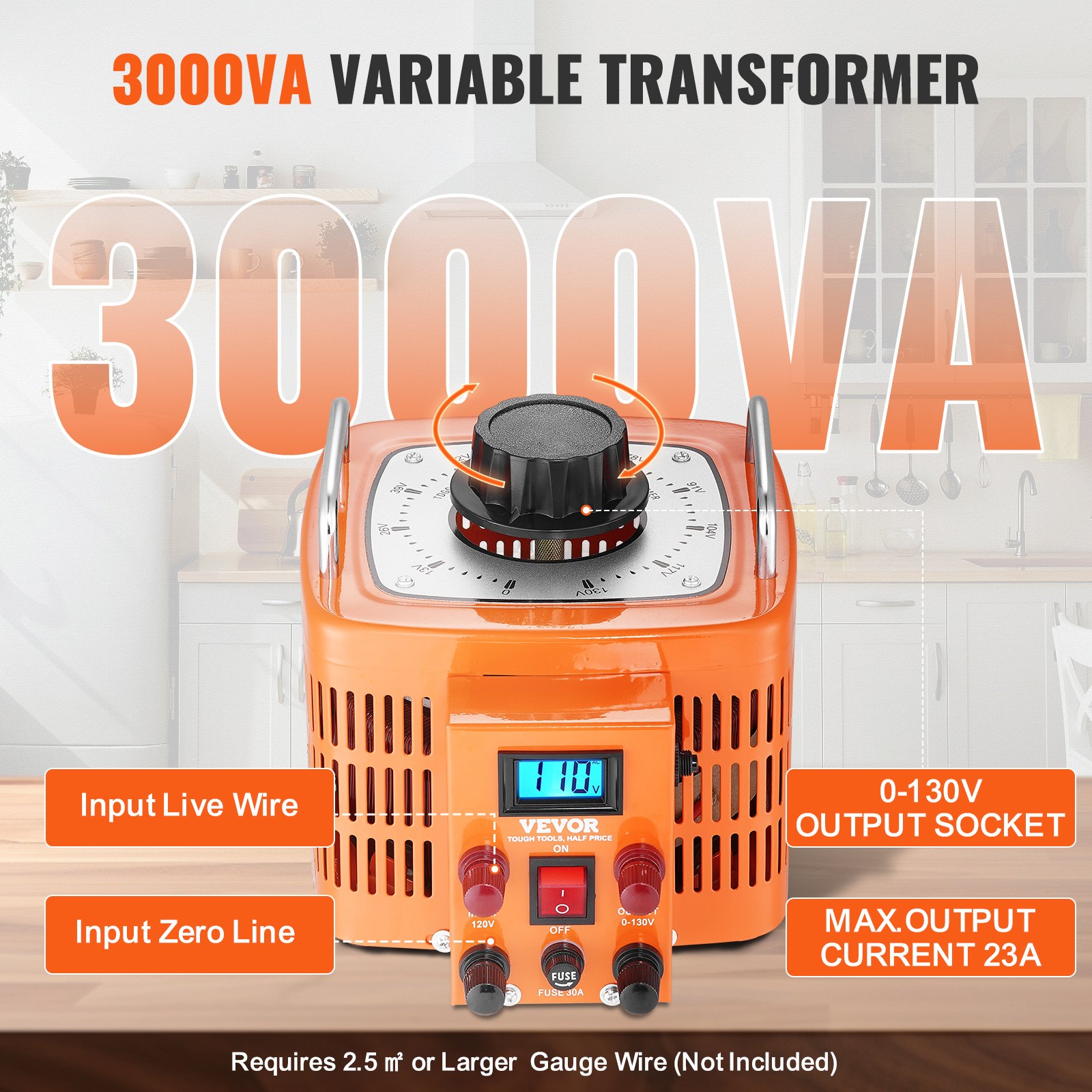 VEVOR 3000VA Auto Variable Voltage Transformer, 23 Amp, 110V Input 0-130V Output AC Voltage Regulator Manual - Image 3