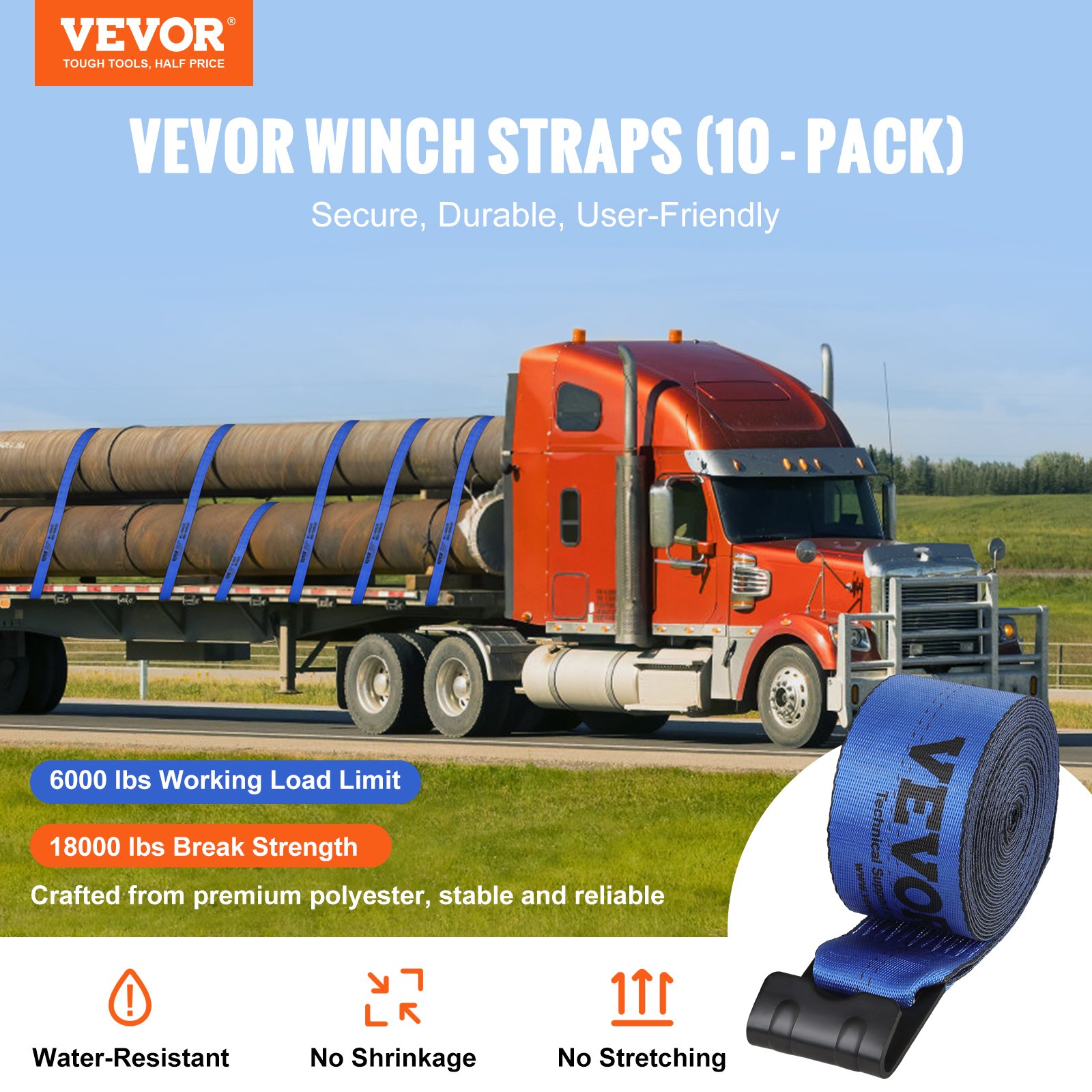 VEVOR Winch Straps, 4" x 30', 6000, lbs Load Capacity Blue (10 Pack) Manual - Image 2