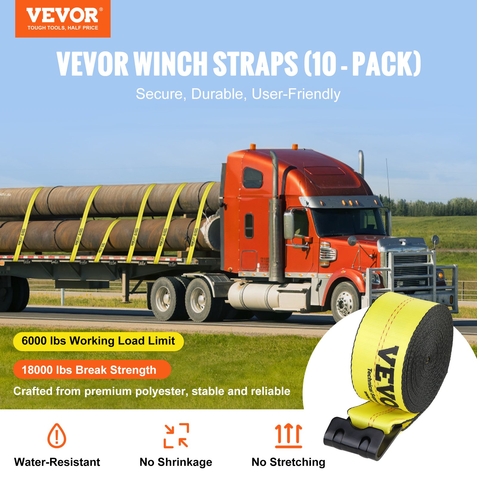 VEVOR Winch Straps, 4" x 40', 6000, lbs Load Capacity Yellow (10 Pack) Manual - Image 2