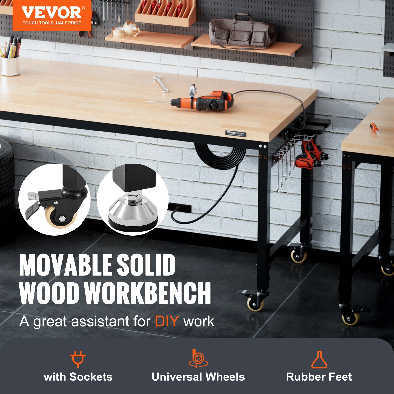 VEVOR justerbart arbejdsbord, 48" LX 24" W garagebord med universalhjul Manual - Billede 2