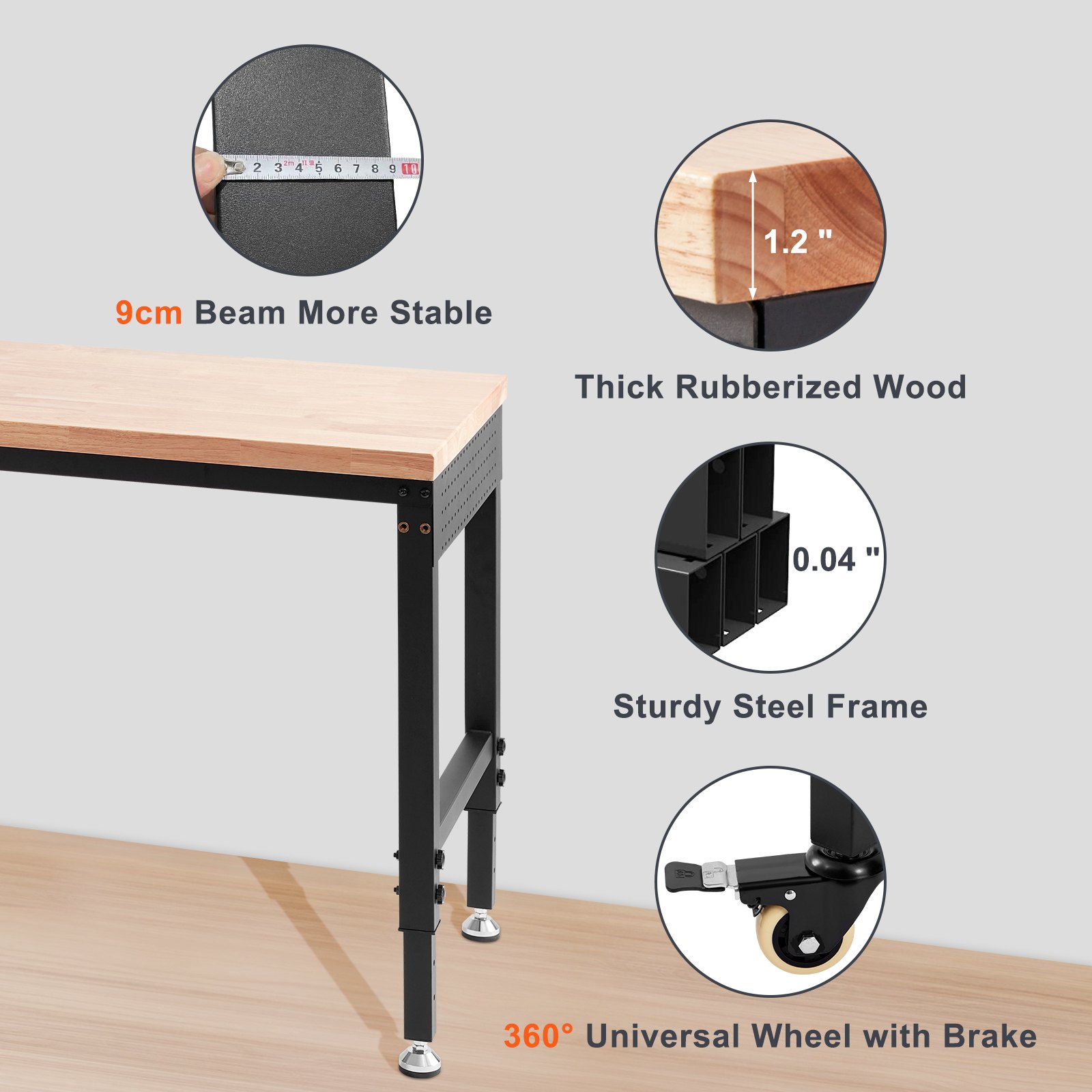 VEVOR justerbart arbejdsbord, 48" LX 24" W garagebord med universalhjul Manual - Billede 4