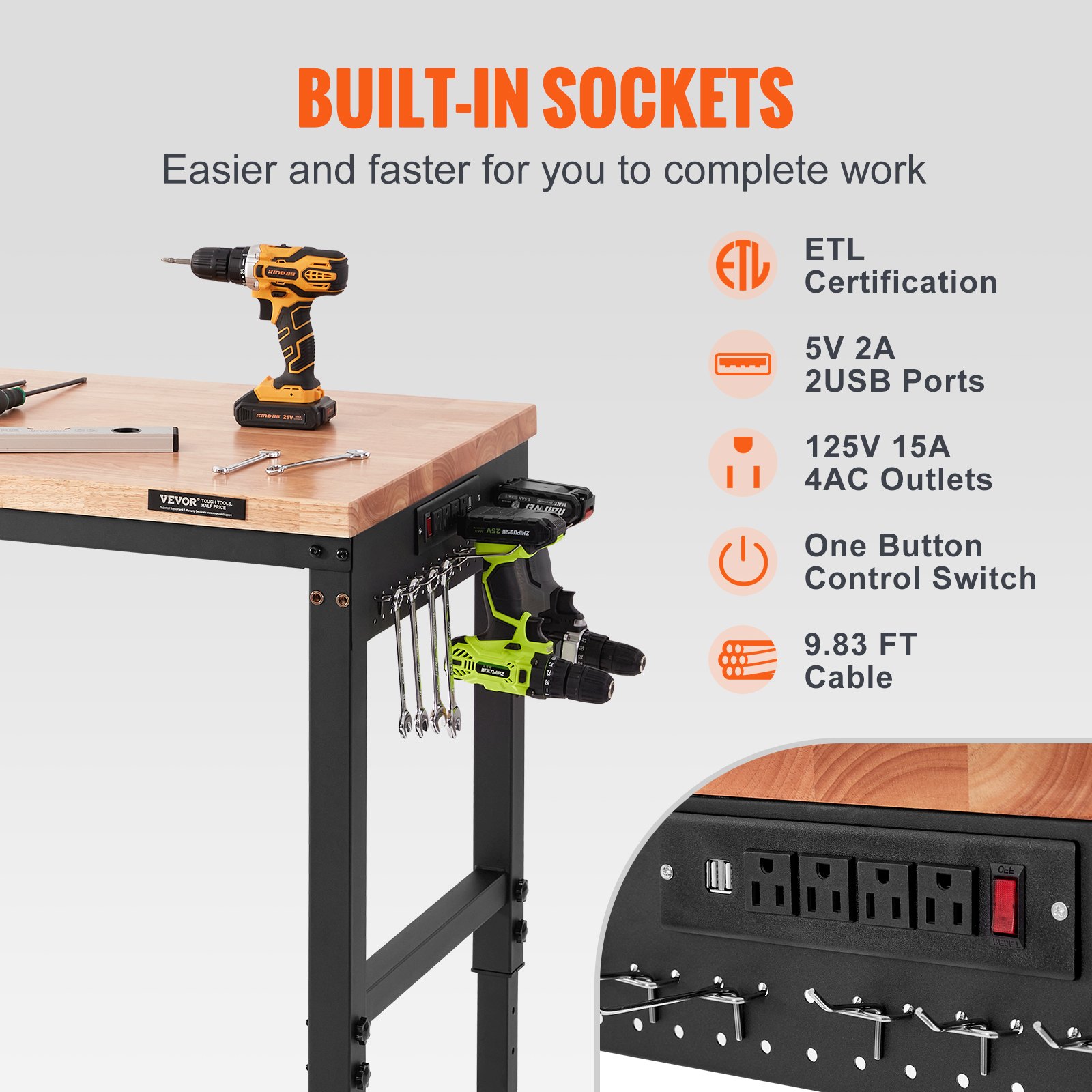 VEVOR justerbart arbejdsbord, 48" LX 24" W garagebord med universalhjul Manual - Billede 5