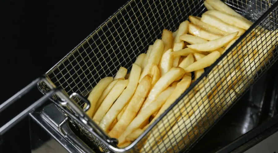 fries getting pulled out of a deep fryer