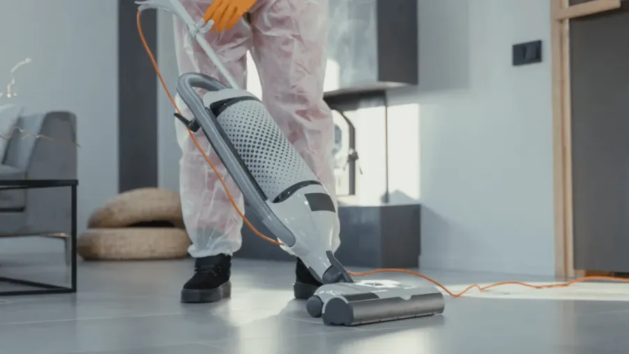 Professional cleaning the floor with a floor cleaning machine