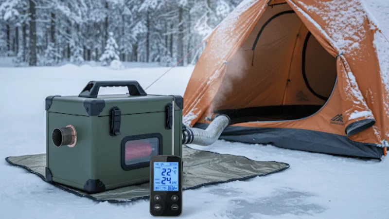 Portable diesel heater with remote control showing digital display and temperature settings