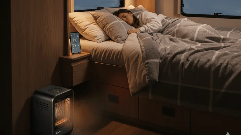 Small portable diesel heater with low noise operation installed in RV bedroom for comfortable sleeping