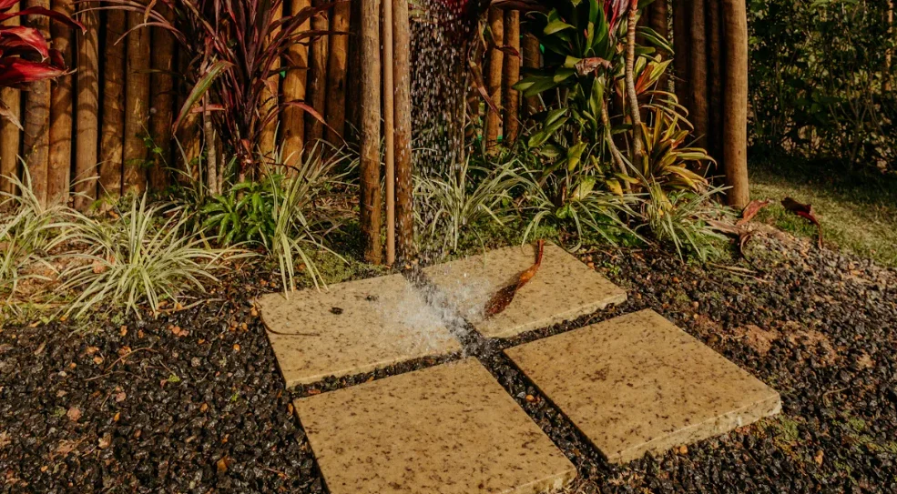 Wooden sticks used to make a privacy screen in backyard
