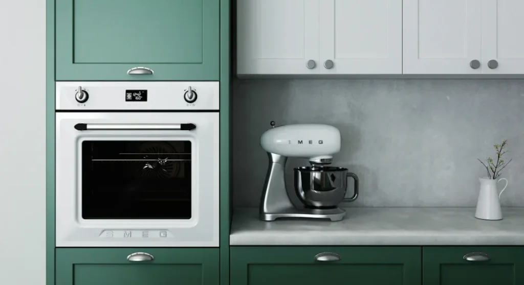 A picture of kitchen cabinets and shelf