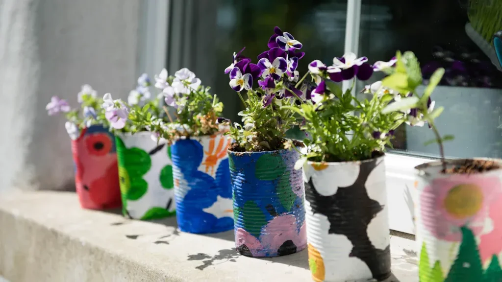 colorful pots made from recycling bottles