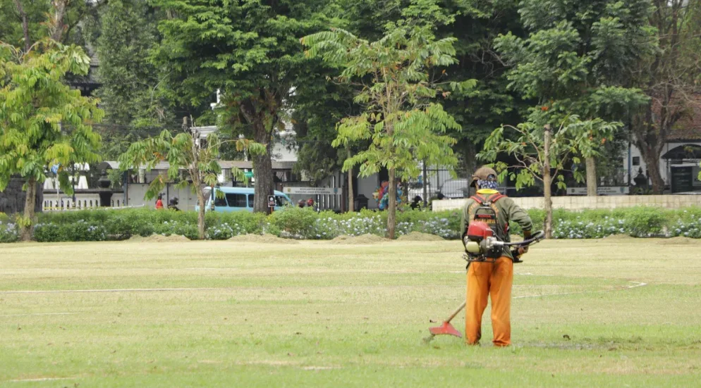 A man cutting grass in a big yard