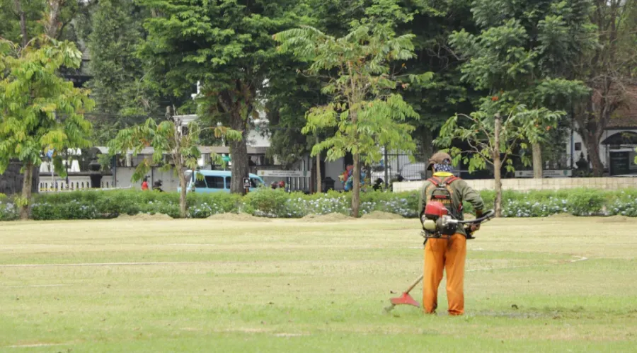 A man cutting grass in a big yard