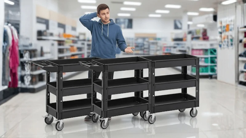 Person unable to make a choice between foldable utility cart options