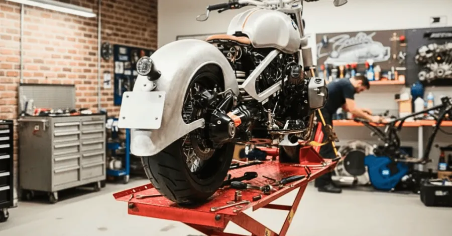 bike placed on a motorcycle lifting stand in a garage