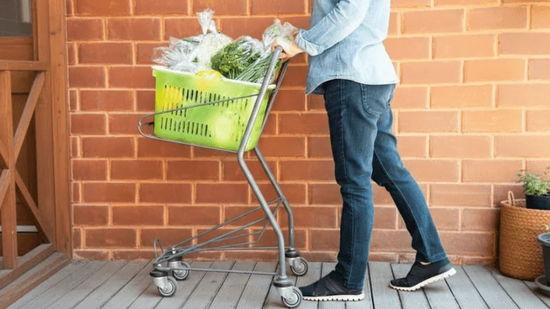 green utility cart filled with vegetables and other goods
