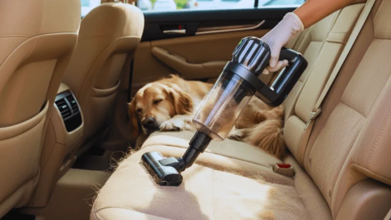 portable car vacuum cleaner cleaning fur from the car seat