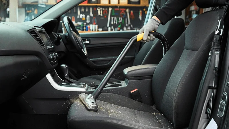 portable car vacuum cleaner is cleaning inside the car