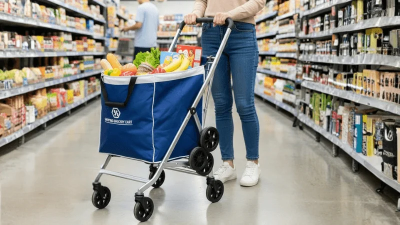 shopping utility cart filled with grocery products