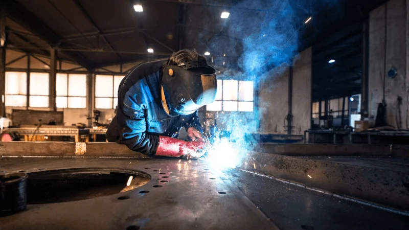 welder fusing two pieces of metal together in a workshop